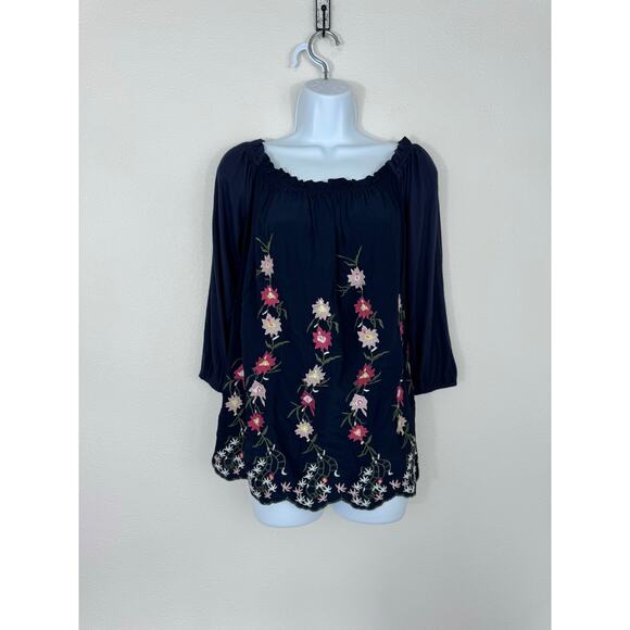 Chelsea & Theodore Floral Off Shoulder Navy Peasant Blouse NWT Size S - Picture 1 of 5